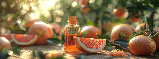 Grapefruit Oil Bottle and Oranges on Table photo