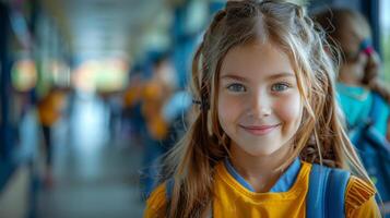 Little Girl With Blue Eyes Standing in Hallway photo