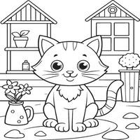In the foreground a single baby cat in home . Cat in home coloring pages vector