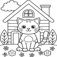 In the foreground a single baby cat in home . Cat in home coloring pages vector