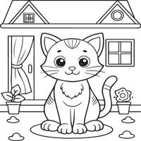 In the foreground a single baby cat in home . Cat in home coloring pages vector