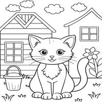 In the foreground a single baby cat in home . Cat in home coloring pages vector