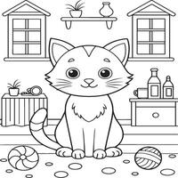 In the foreground a single baby cat in home . Cat in home coloring pages vector