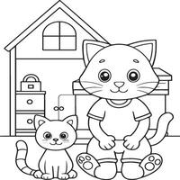 In the foreground a single baby cat in home . Cat in home coloring pages vector