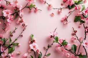 Pink blossoms are blooming vibrantly against a pink background photo