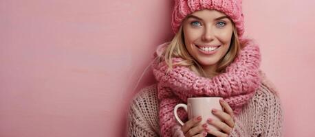 Woman Wearing Hat and Scarf Holding Cup of Coffee photo