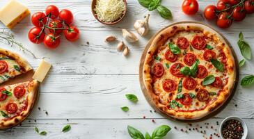 Delicious Pizza With Tomatoes and Cheese on Wooden Table photo