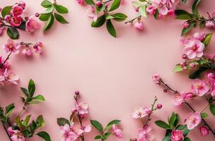 Pink blossoms are blooming vibrantly against a pink background photo