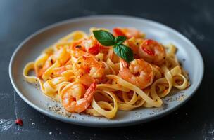 Plate of Pasta With Shrimp and Vegetables photo