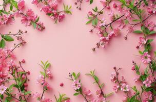 Pink blossoms are blooming vibrantly against a pink background photo