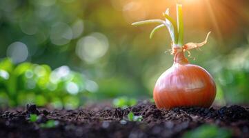 A red onion is shown growing in the dirt, capturing the process of onion growth photo