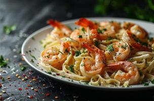 Plate of Pasta With Shrimp and Vegetables photo