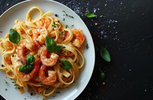 Plate of Pasta With Shrimp and Vegetables photo