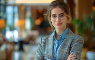 Professional Business Woman in Glasses Standing in Lobby photo