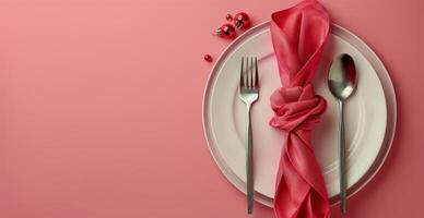 Plate, Napkin, and Fork on Pink Background photo