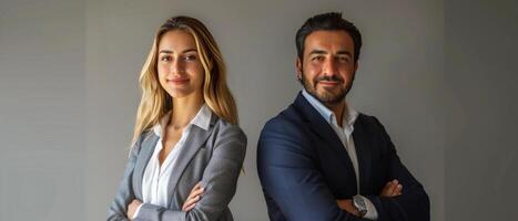 Two Business People in Front of Gray Background photo