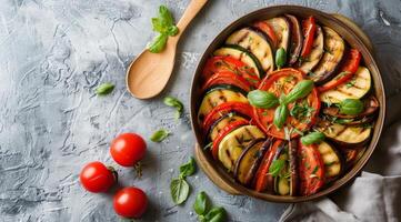 Bowl of Vegetable Stew on Table With Wooden Spoon photo