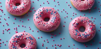 Pink and Blue Sprinkled Donuts on a Pink Background photo