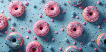 Pink and Blue Sprinkled Donuts on a Pink Background photo