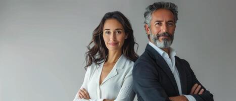 dos negocio personas en frente de gris antecedentes foto