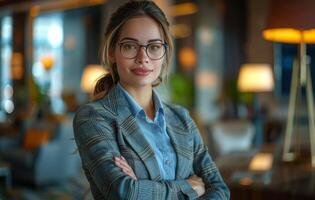 Professional Business Woman in Glasses Standing in Lobby photo