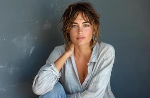 Woman Leaning Against Gray Wall photo