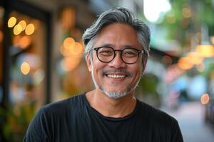 asiático hombre vistiendo lentes y negro camisa foto