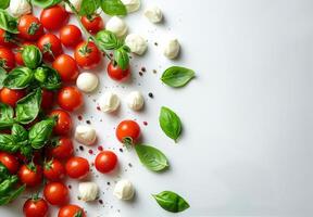 Fresh Tomatoes, Mozzarella, and Basil on White Background photo