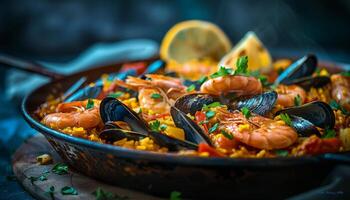 Paella With Shrimp and Mussels in a Pan photo