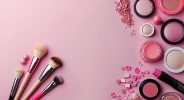 Cosmetics Arranged on Pink Background photo