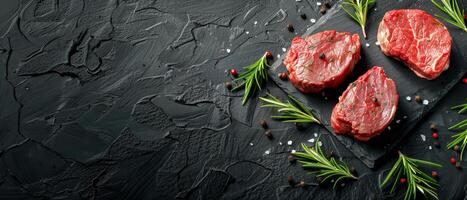 Juicy Steaks on a Black Slate Background photo