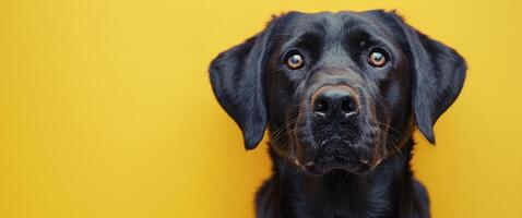Black Dog Looking at Camera on Yellow Background photo