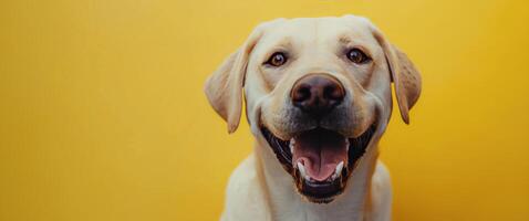 sonriente perro en amarillo antecedentes foto