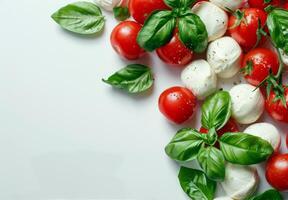 Ripe tomatoes, creamy mozzarella, and fragrant basil arranged on a white photo