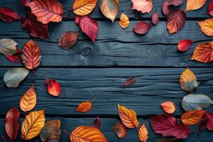 pizarra con otoño hojas en de madera antecedentes foto
