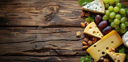 Assorted Cheese, Nuts, and Grapes on Wooden Table photo