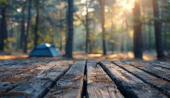 Tent on Wooden Platform in Forest photo