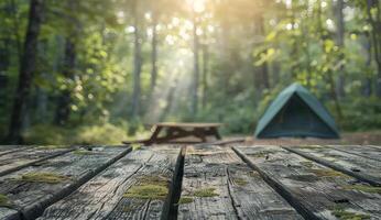 Tent on Wooden Platform in Forest photo
