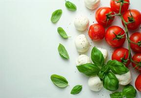 Ripe tomatoes, creamy mozzarella, and fragrant basil arranged on a white photo