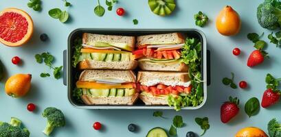 almuerzo caja lleno con emparedados y Fruta foto