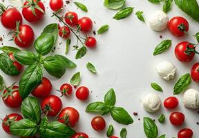 Fresh Tomatoes, Mozzarella, and Basil on White Background photo