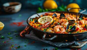 Paella With Shrimp and Mussels in a Pan photo