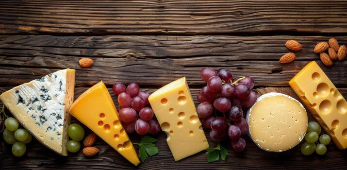 Assorted Cheese, Nuts, and Grapes on Wooden Table photo