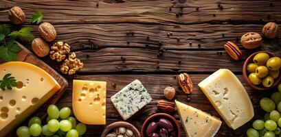 Assorted Cheese, Nuts, and Grapes on Wooden Table photo