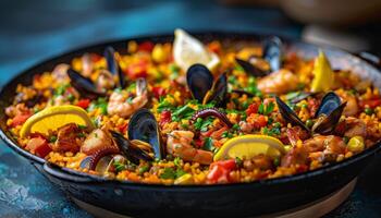 Paella With Shrimp and Mussels in a Pan photo