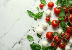 Ripe tomatoes, creamy mozzarella, and fragrant basil arranged on a white photo