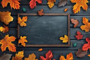 Blackboard With Autumn Leaves on Wooden Background photo