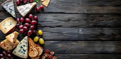 Cheese, Grapes, and Nuts on a Wooden Table photo