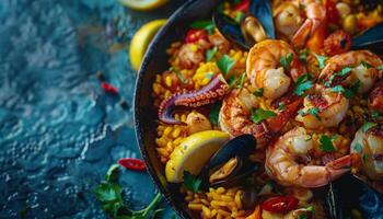 Paella With Shrimp and Mussels in a Pan photo