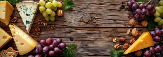 Assorted Cheese, Nuts, and Grapes on Wooden Table photo